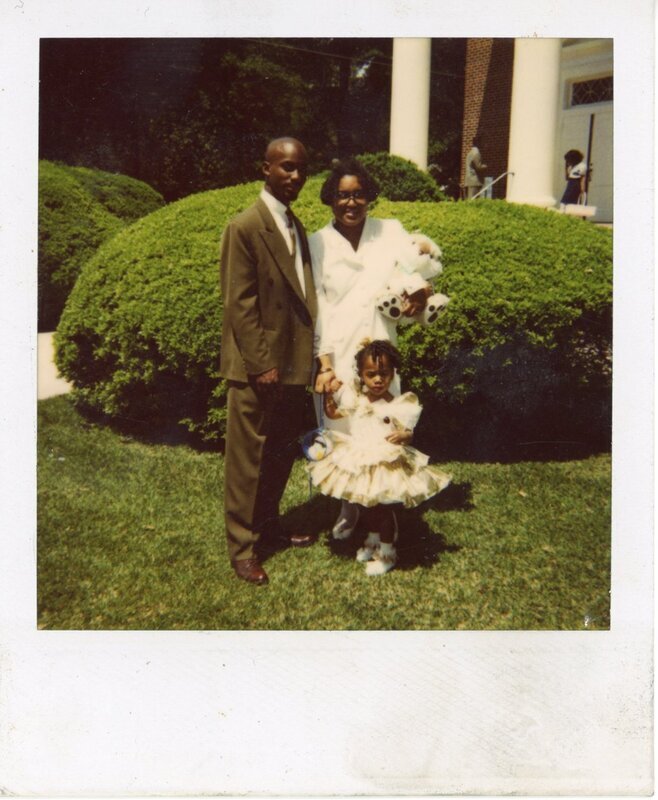 Scan of a color photograph of Sierra King  Sierra standing infront of family members outside of Hoosier Memorial Uniited Methodist Church on Easter Sunday L-R: Jihan, Vickey Williams, Aja King, Lamar Williams & Ethelyn Stephens  