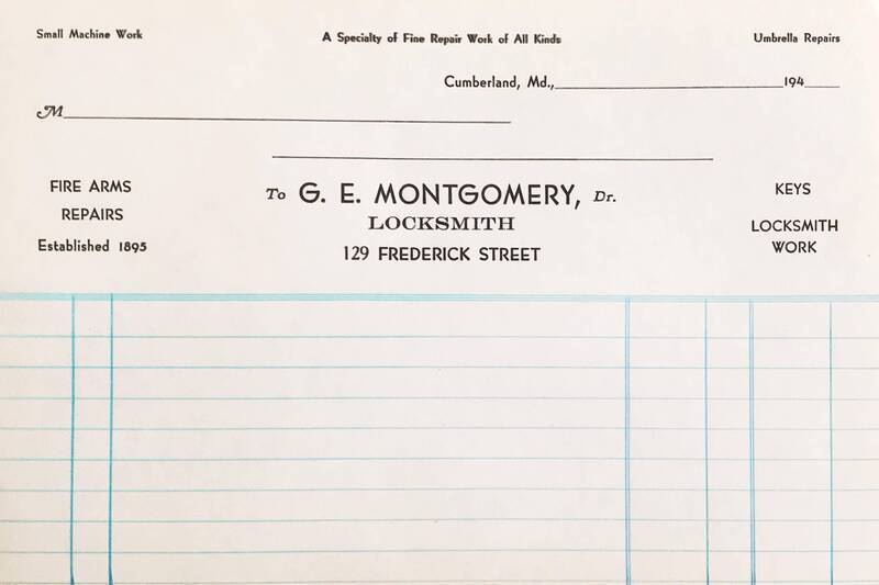 Scan of a white page with blue lines from a ledger book for the G.E. Montgomery, Locksmith business. The ledger includes information about services offered, including small machine work, umbrella repairs, locksmith and keys, and fire arms repairs in Cumberland, Maryland.