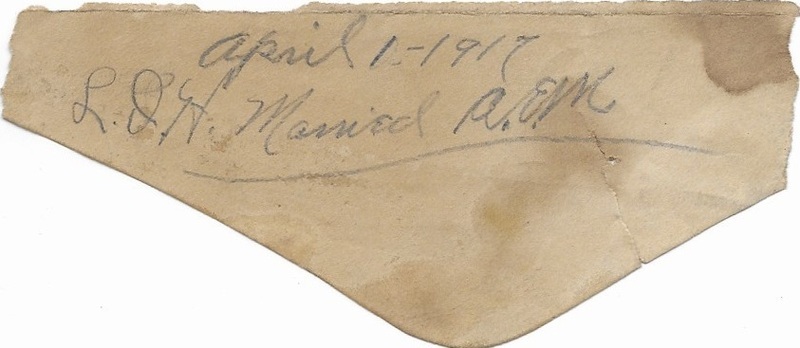 Scan of an aged envelope flap, with the text "April 1, 1917 LIH Married AEM" written in faint pencil.