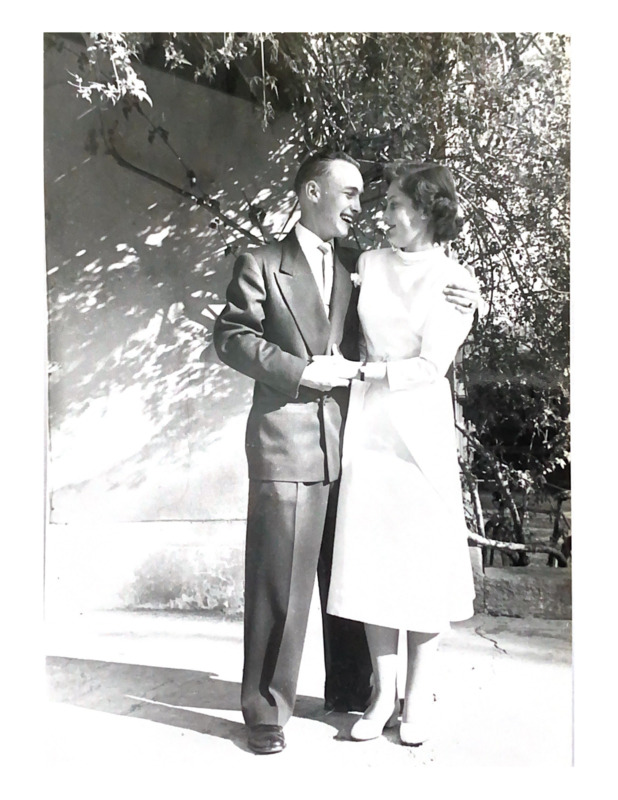 Scan of a black and white photograph of John and Jackie Turpin on their wedding day in Asmara, Eritrea