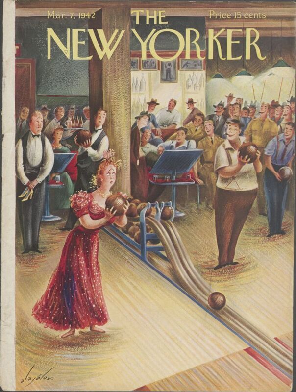 color cover illustration from The New Yorker depicting a bowling alley with a woman in a red ballgown holding a bowling ball and restaurant waiters one one side of the lanes and a group of men bowling on the other side. The woman's face appears to be worried as she looks over to the men bowlers. The bowlers are in casual or military attire while the people depicted on the woman's side of the bowling lanes are dressed in evening attire with jewels, heels, and dress shirts.