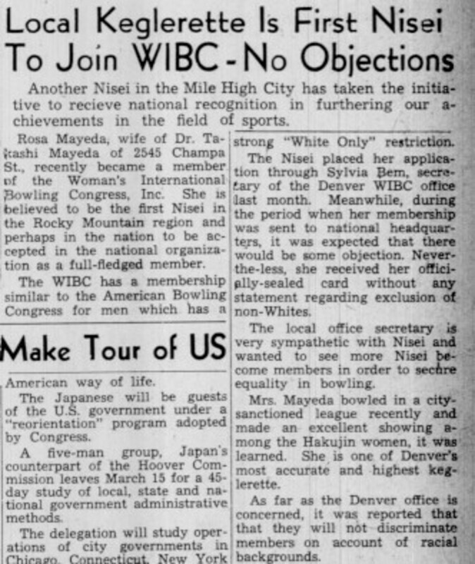 black and white scan of newspaper clipping for "Local Keglerette Is First Nisei To Join WIBC-No Objections" article