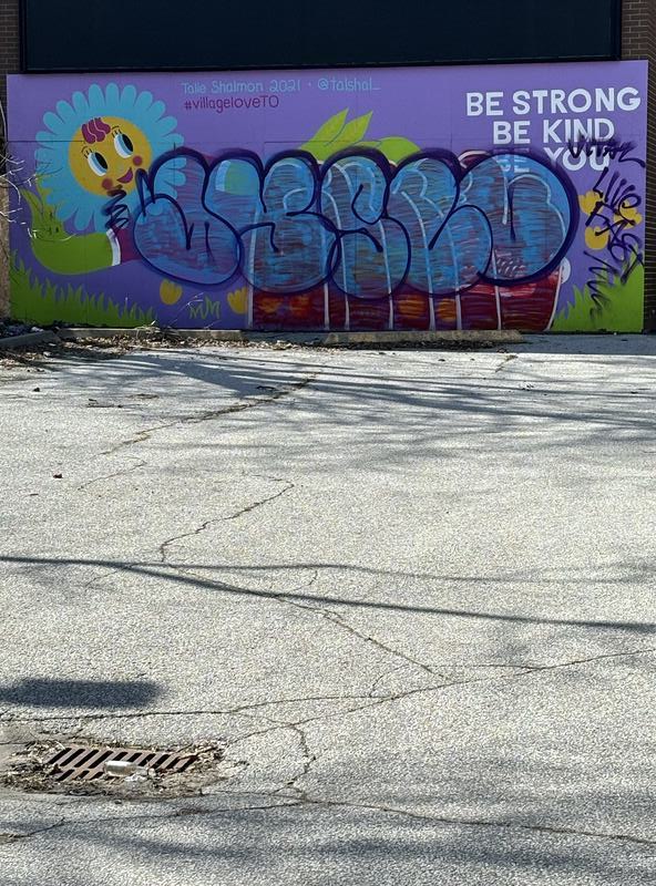 A mural featuring a smile face flower with the phrase "be strong, be kind, be you" on the front of an old boarded up store. Another graffiti tag has been painted over top and features the phrase "live fast"