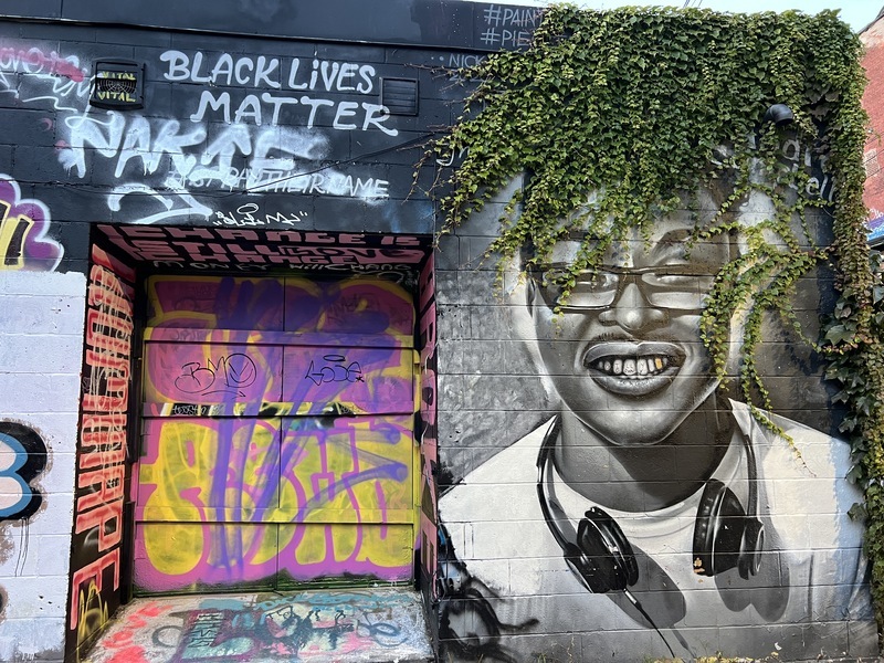 A mural of a black man with headphones and the green plant growing on the wall represents his hair with the words "Black Lives Matter" written in black