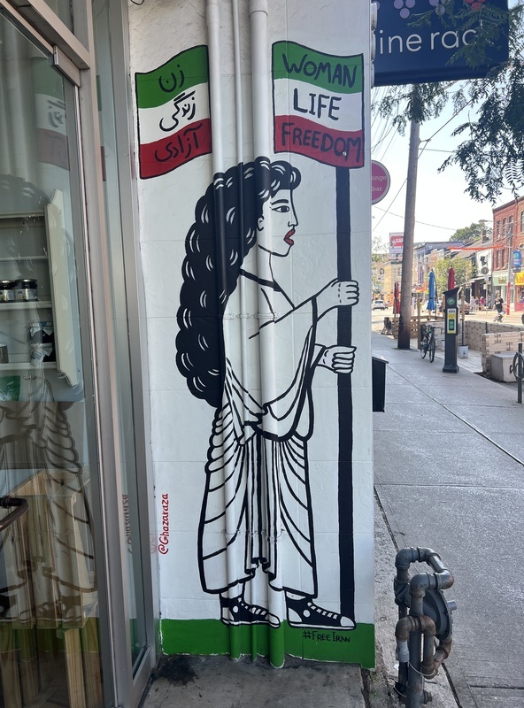 A woman with long hair wearing converse shoes holding the Iranian flag with the words "Woman Life Freedom" painted in the flag