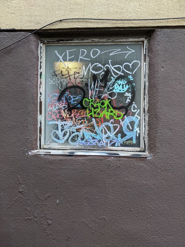 Tags covering a window in an alley.