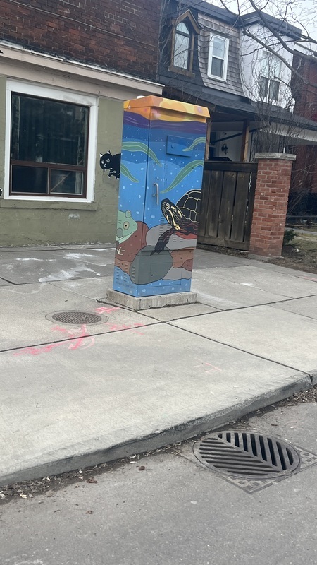 Turtle and frog painted on an electrical box. 