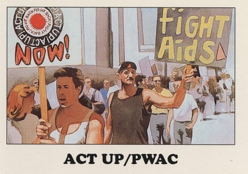 color photograph of a trading card promoting the awareness of about AIDS, ACT UP, and PWAC; depicts drawing of protesters marching with signs that read "ACT UP NOW!" and "Fighting Aids"; text of card reads "ACT UP / PWAC"